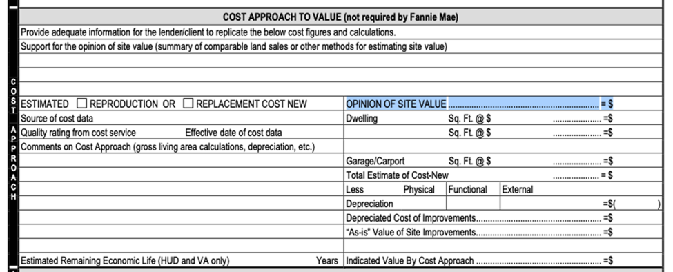 Example URAR appraisal excerpt showing cost approach and site value